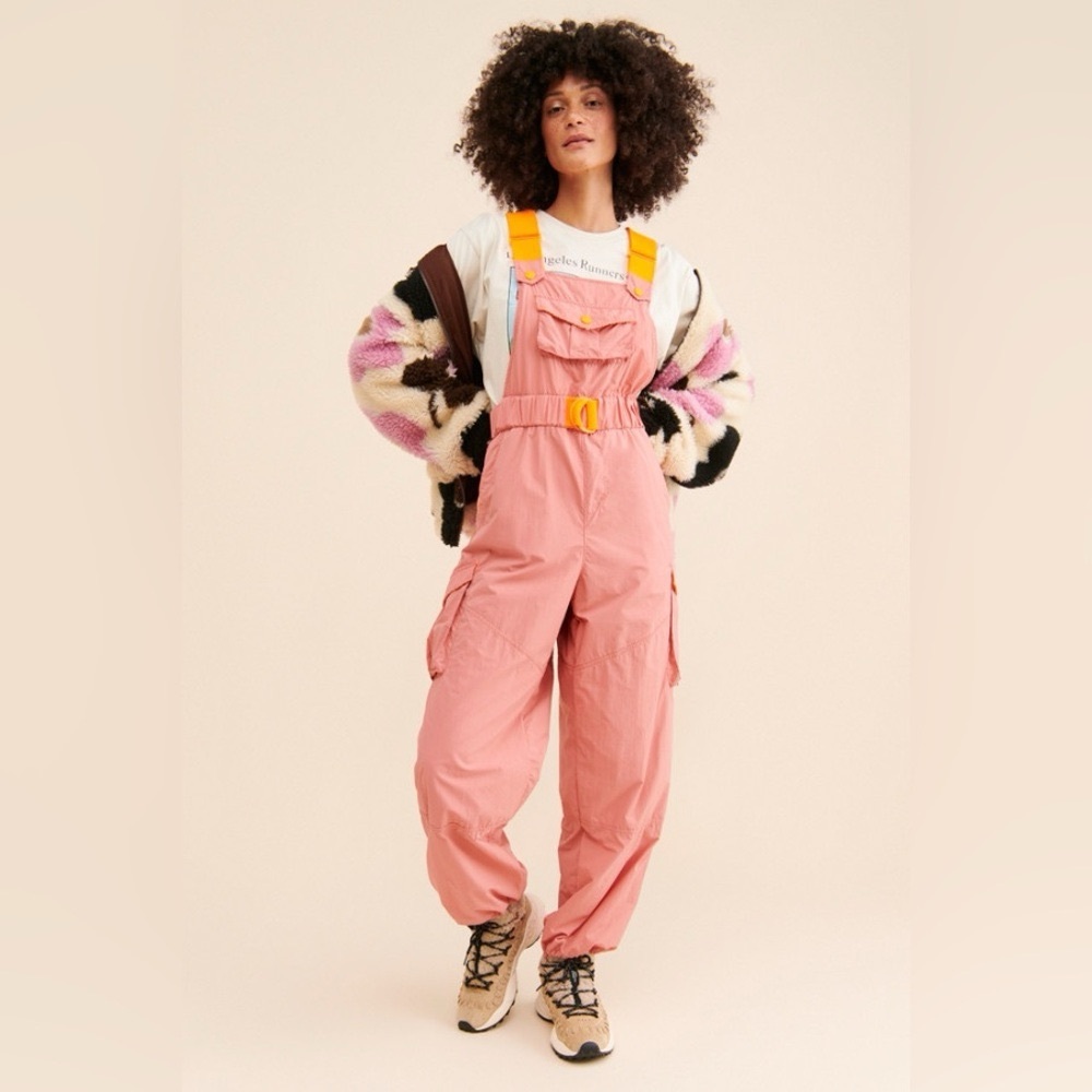 NWOT Free People Movement Morning Meadow Overalls Jumpsuit Pink Neon Orange